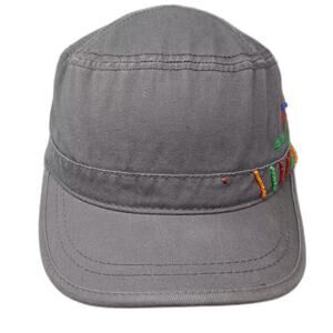One Way Gray Red Army Cap Hat OS Slideback Embroidered Bead Accent Cotton